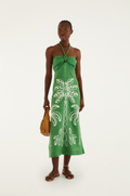 Green Palm Tree Embroidered Halter Neck Midi Dress