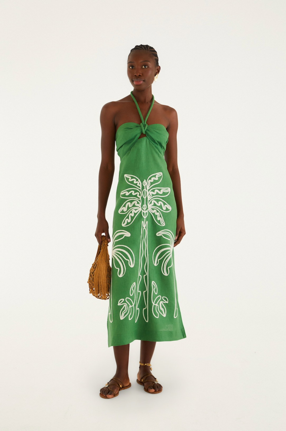 Green Palm Tree Embroidered Halter Neck Midi Dress