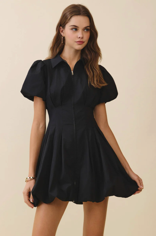 Fit and Flare Zipper Front Bubble Sleeves Dress Navy