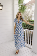 Floral Tile V-Neck Flutter Sleeve Maxi Dress