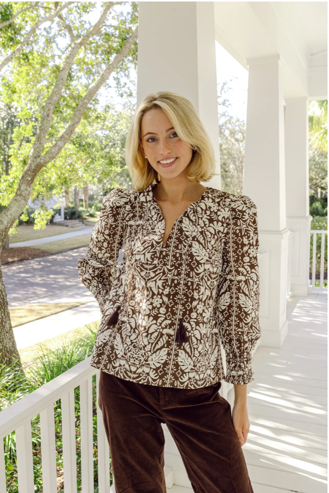 Tropical Block Print Tassel Front Top