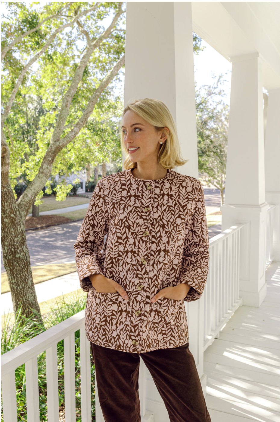 Floral Vine Print Button Front Quilted Jacket