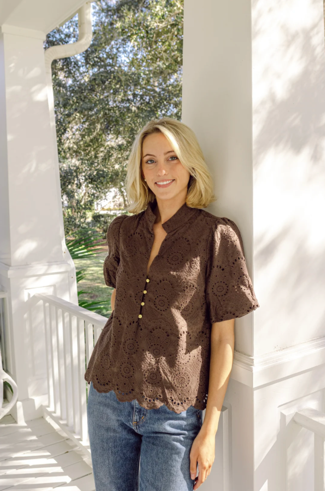 Hot Fudge Eyelet Puff Sleeve Tunic Top