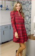 Red Plaid Long Sleeve Tunic Flare Dress