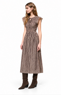 Plaid Flutter Sleeve Smocked Midi Dress