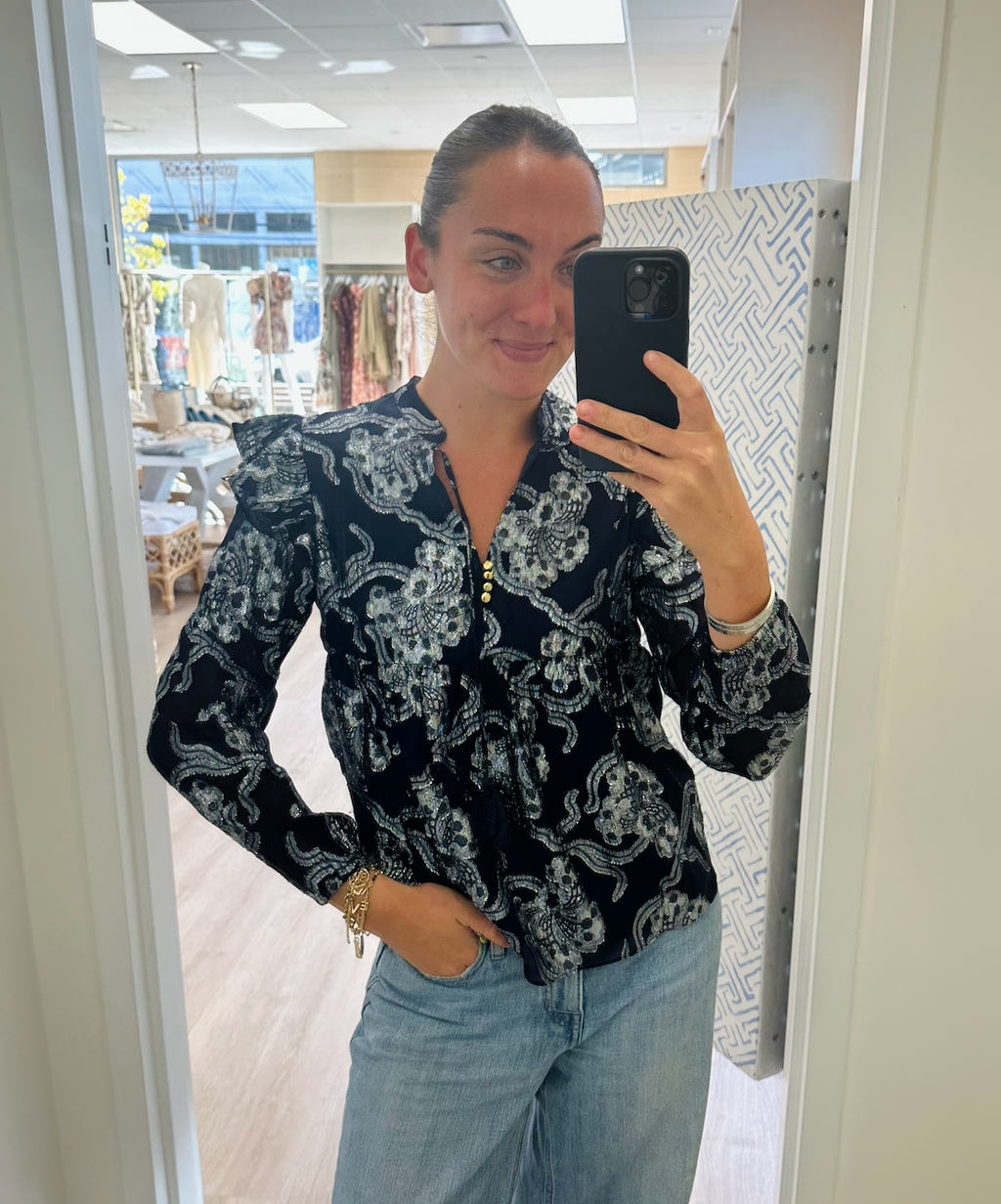 Ruffle Neck Tie Front Top - H2510N