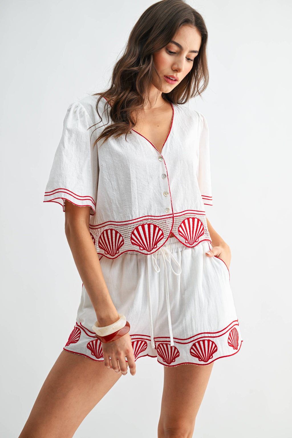 Cotton Crop Top with Shell Embroidered