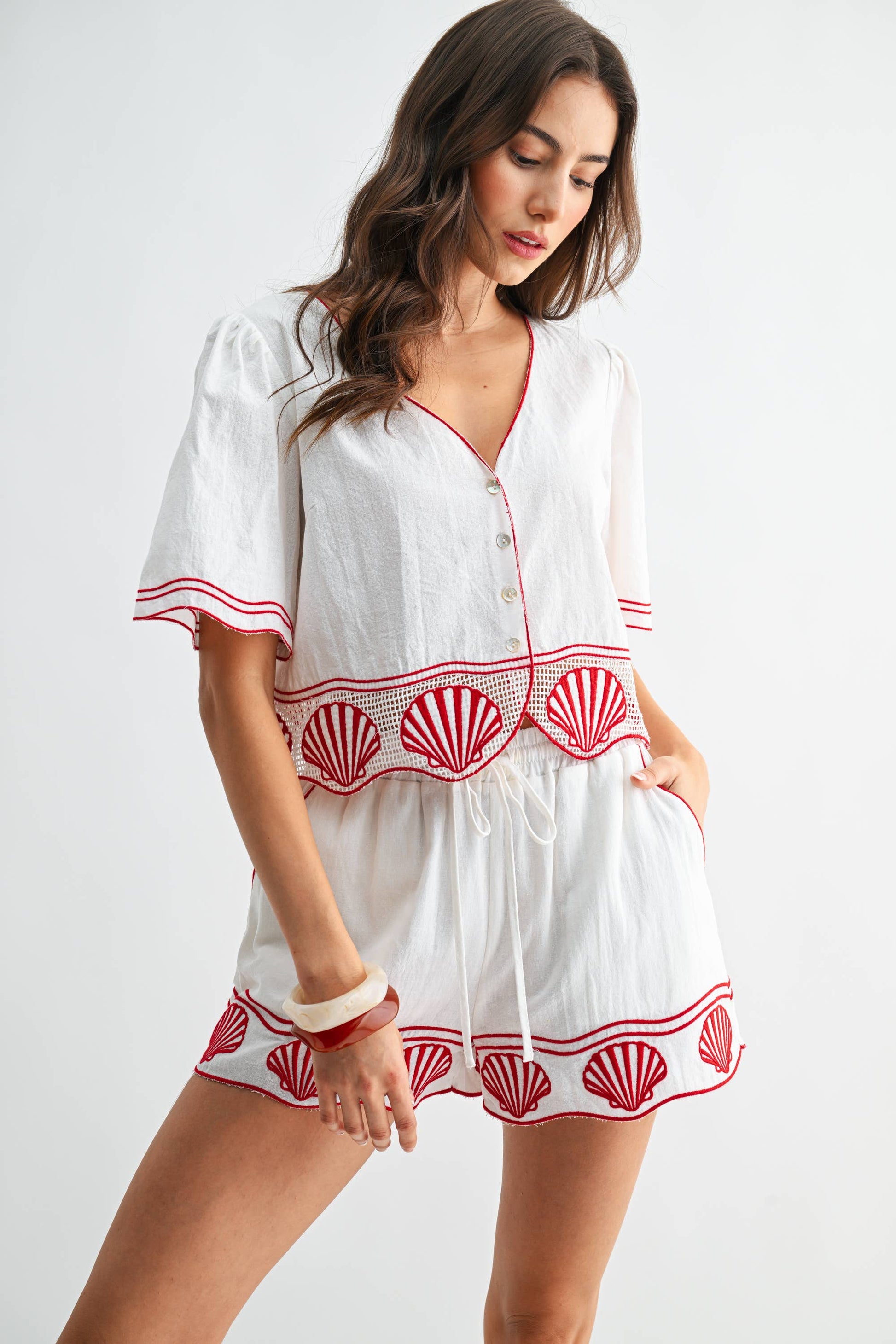 Cotton Crop Top with Shell Embroidered