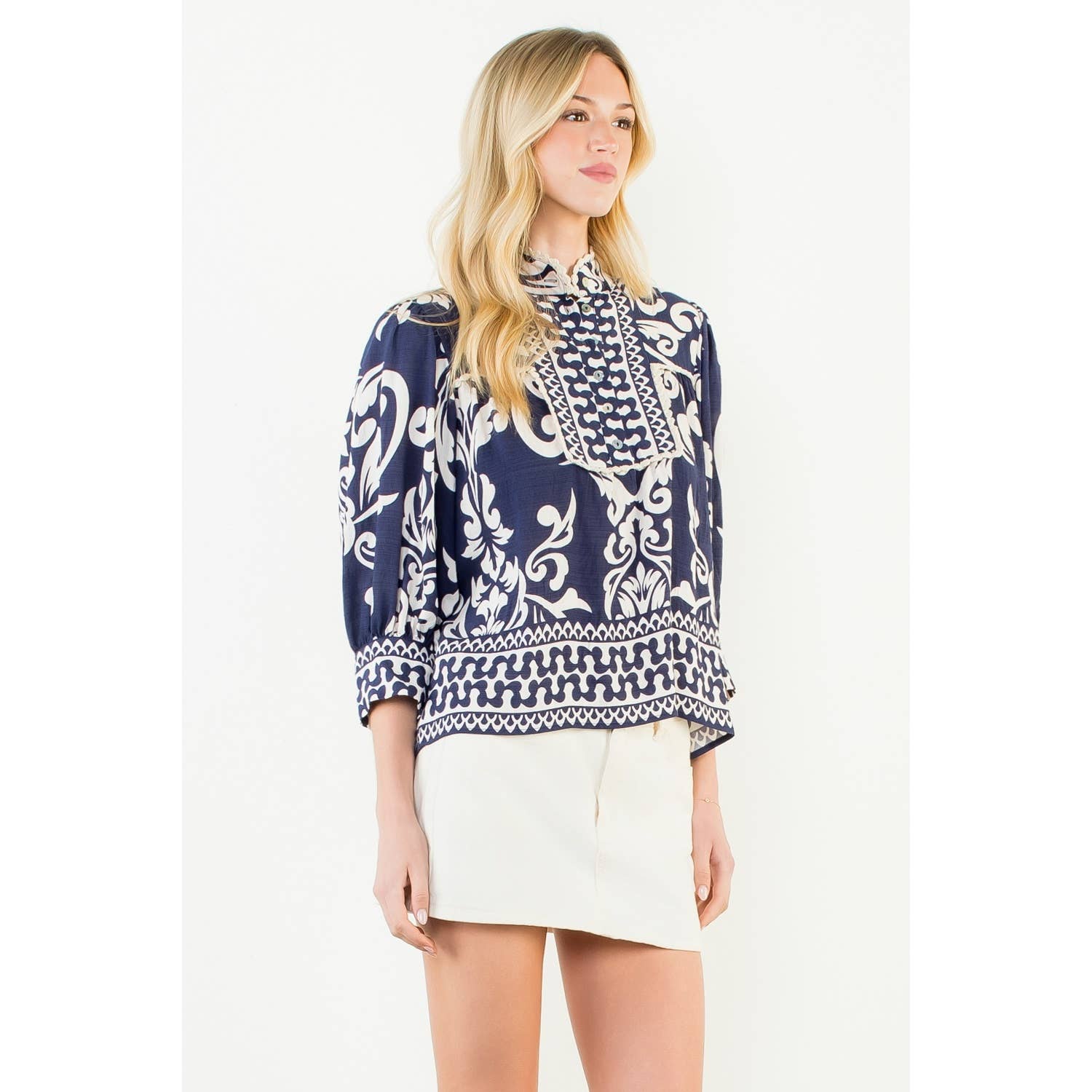 Long Sleeve Lace Trim Print Top