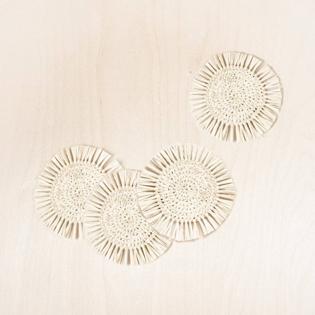 Natural Raffia Round Crochet Coasters with Fringe, set of 4 | LIKHÂ