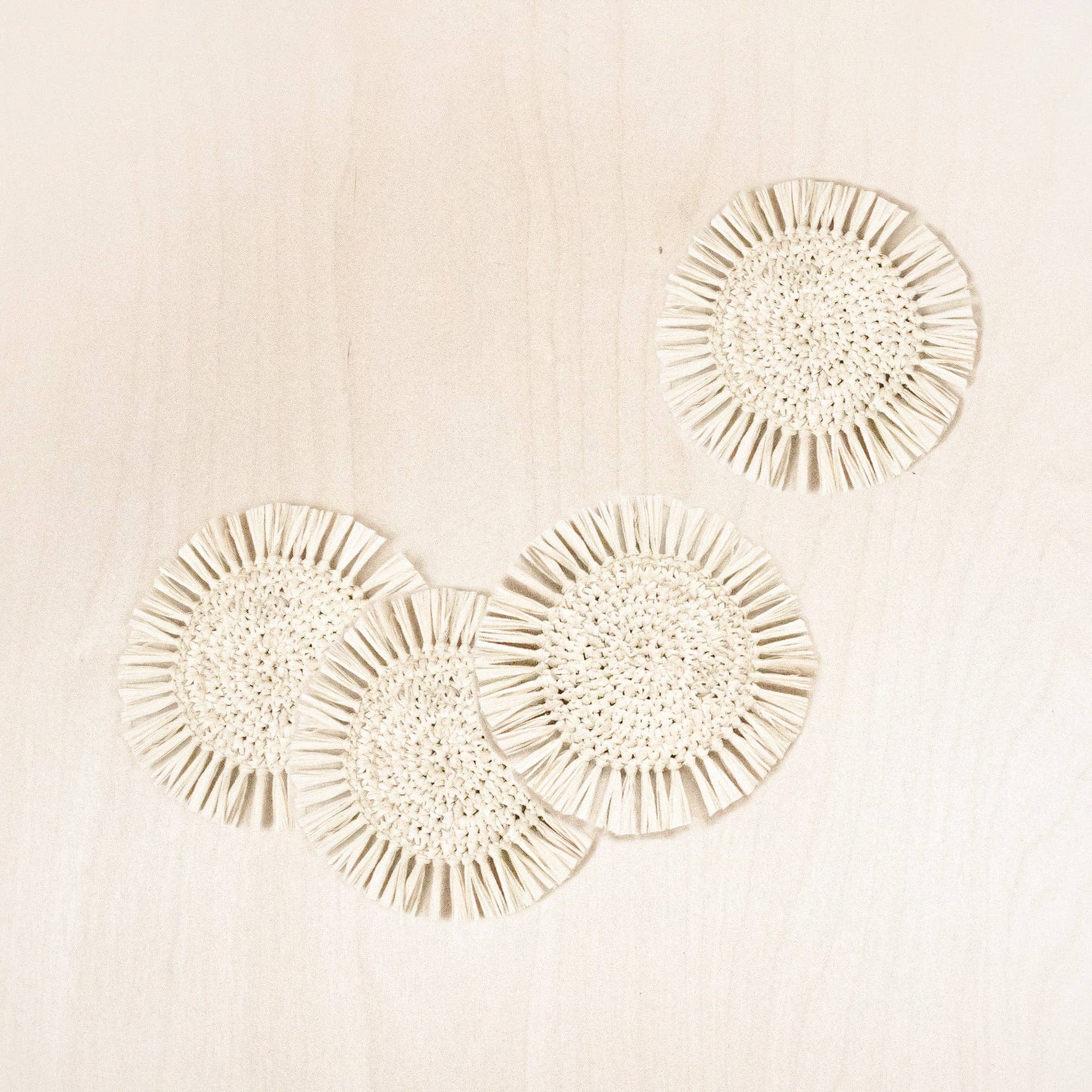 Natural Raffia Round Crochet Coasters with Fringe, set of 4 | LIKHÂ