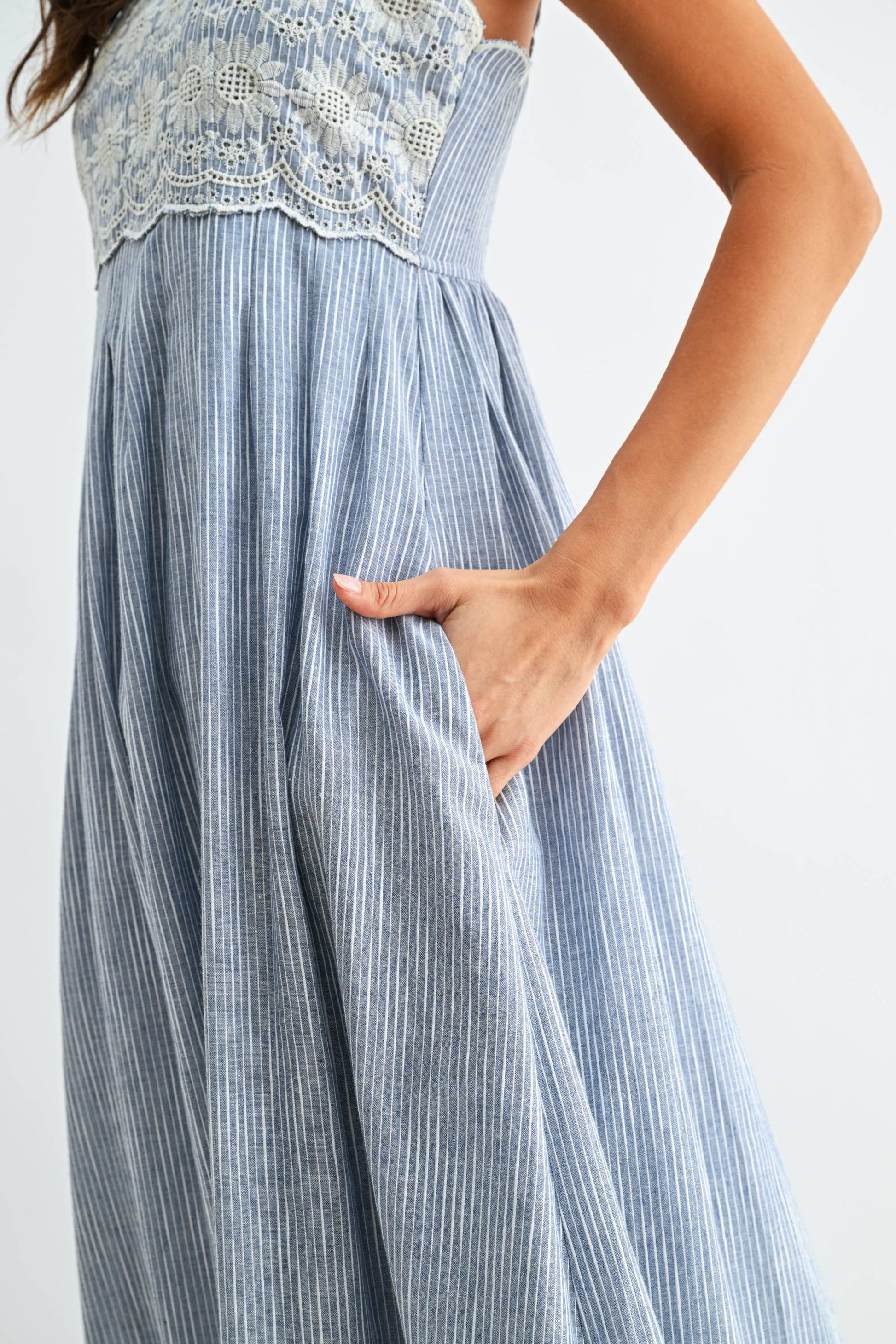 Pinstripe Midi Dress with Embroidered Lace