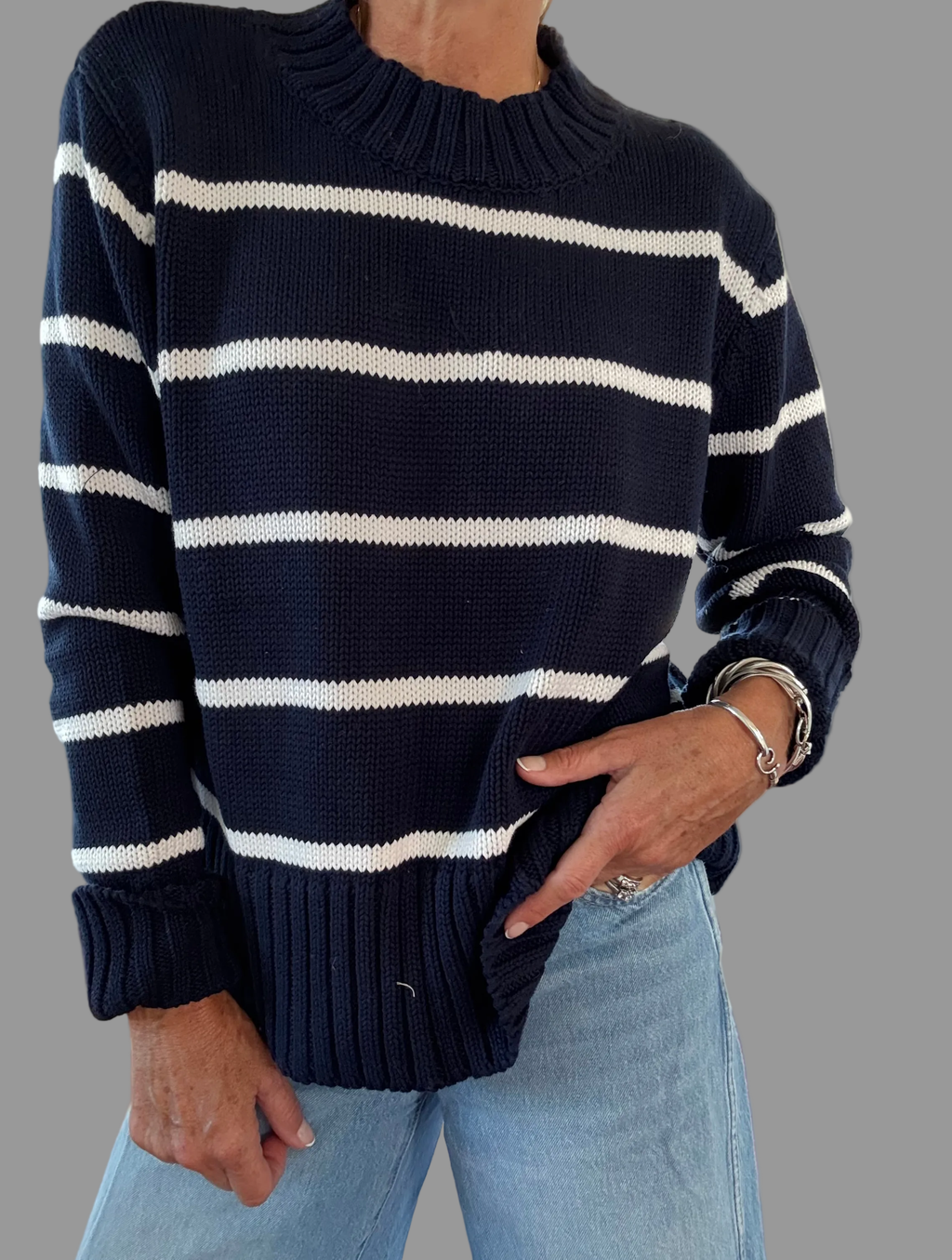 LENA Cotton Sweater in Mini Stripe Navy/White
