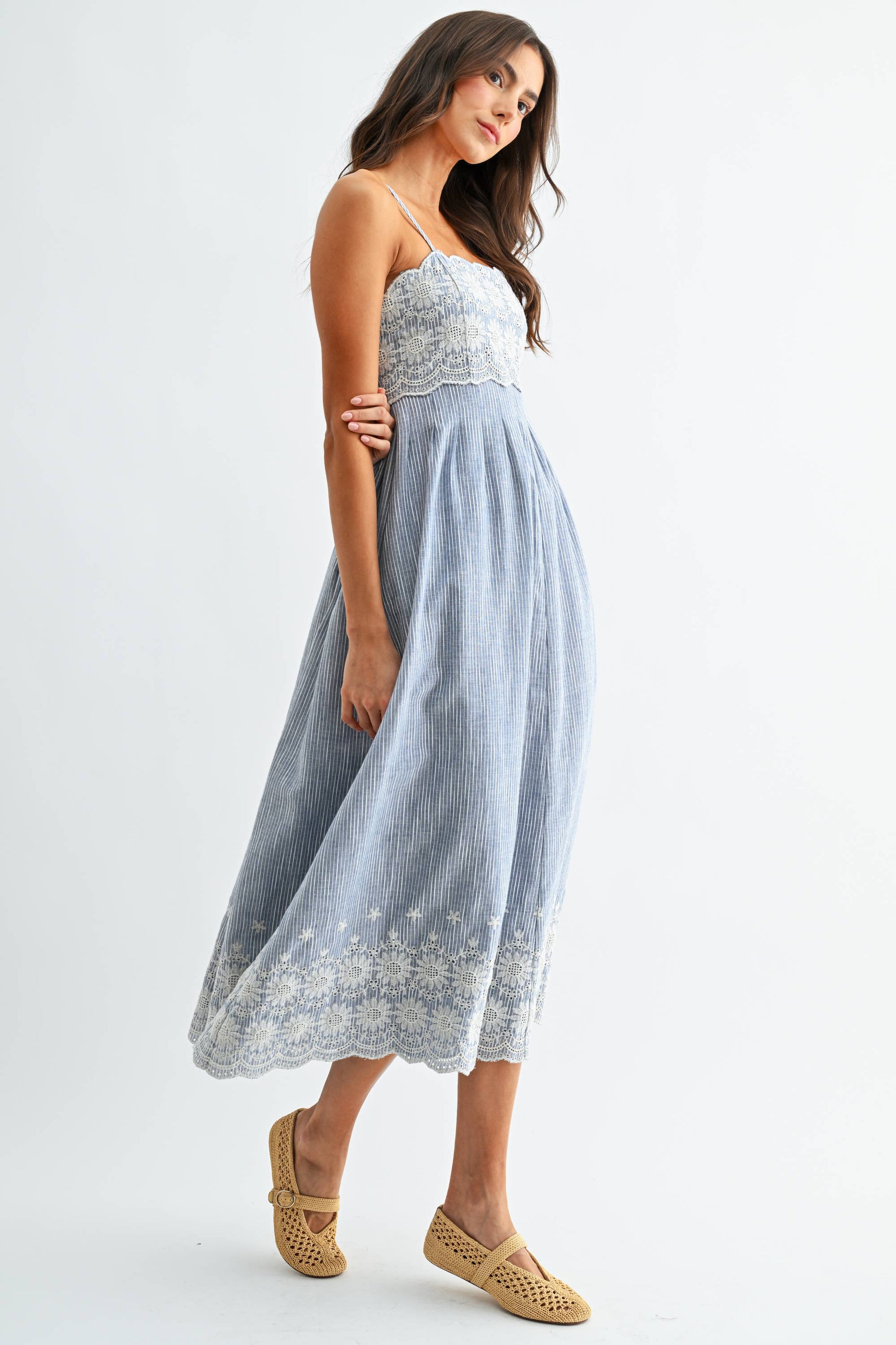 Pinstripe Midi Dress with Embroidered Lace