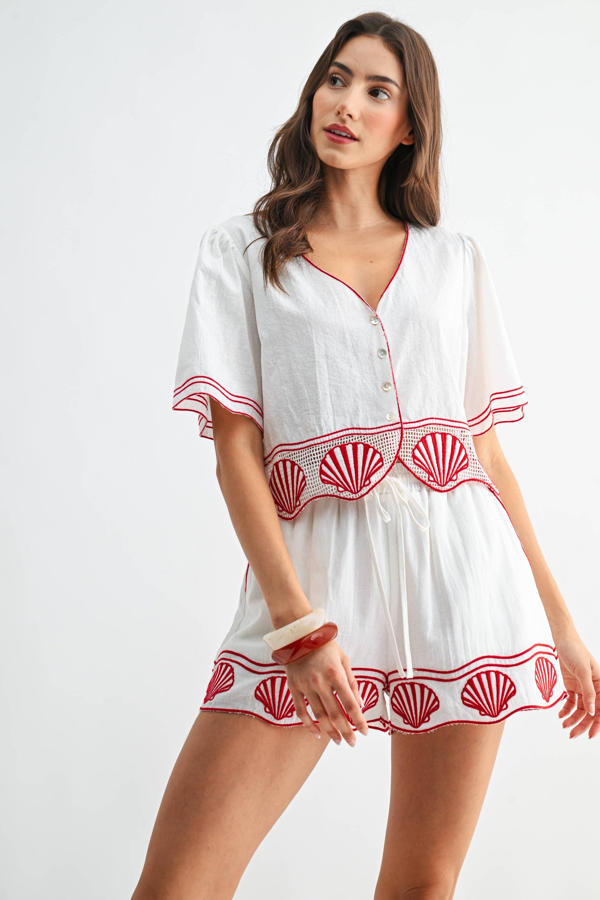 Cotton Crop Top with Shell Embroidered