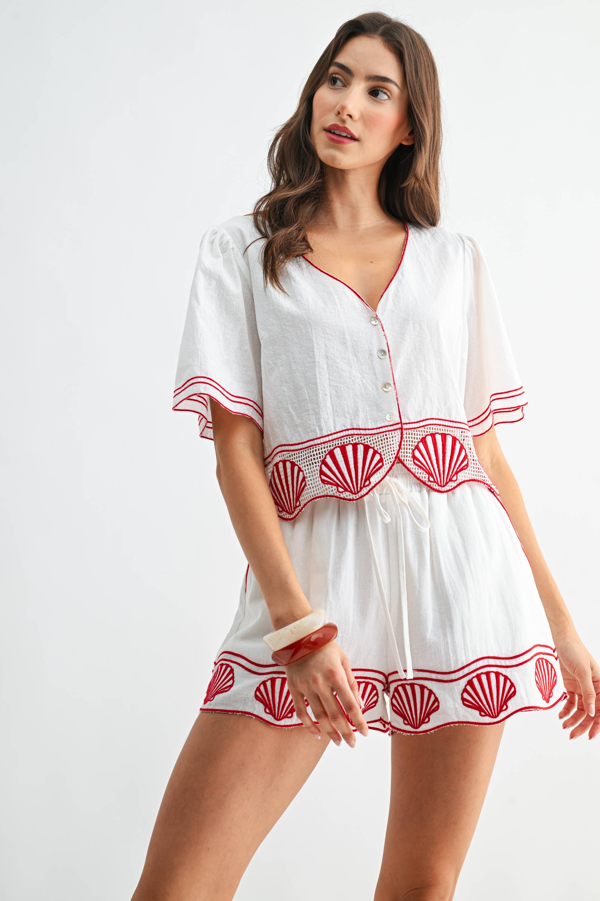 Cotton Crop Top with Shell Embroidered