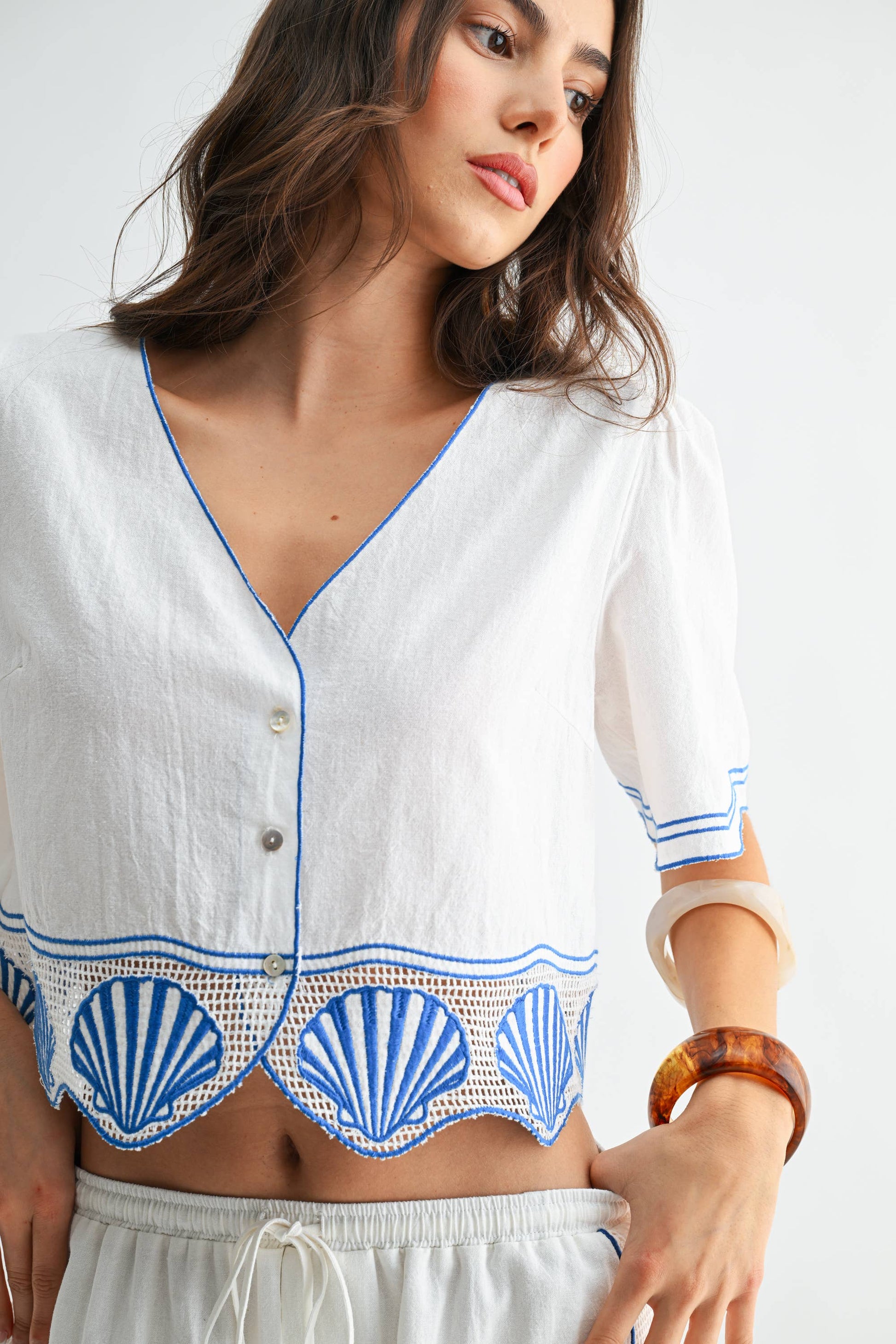 Cotton Crop Top with Shell Embroidered