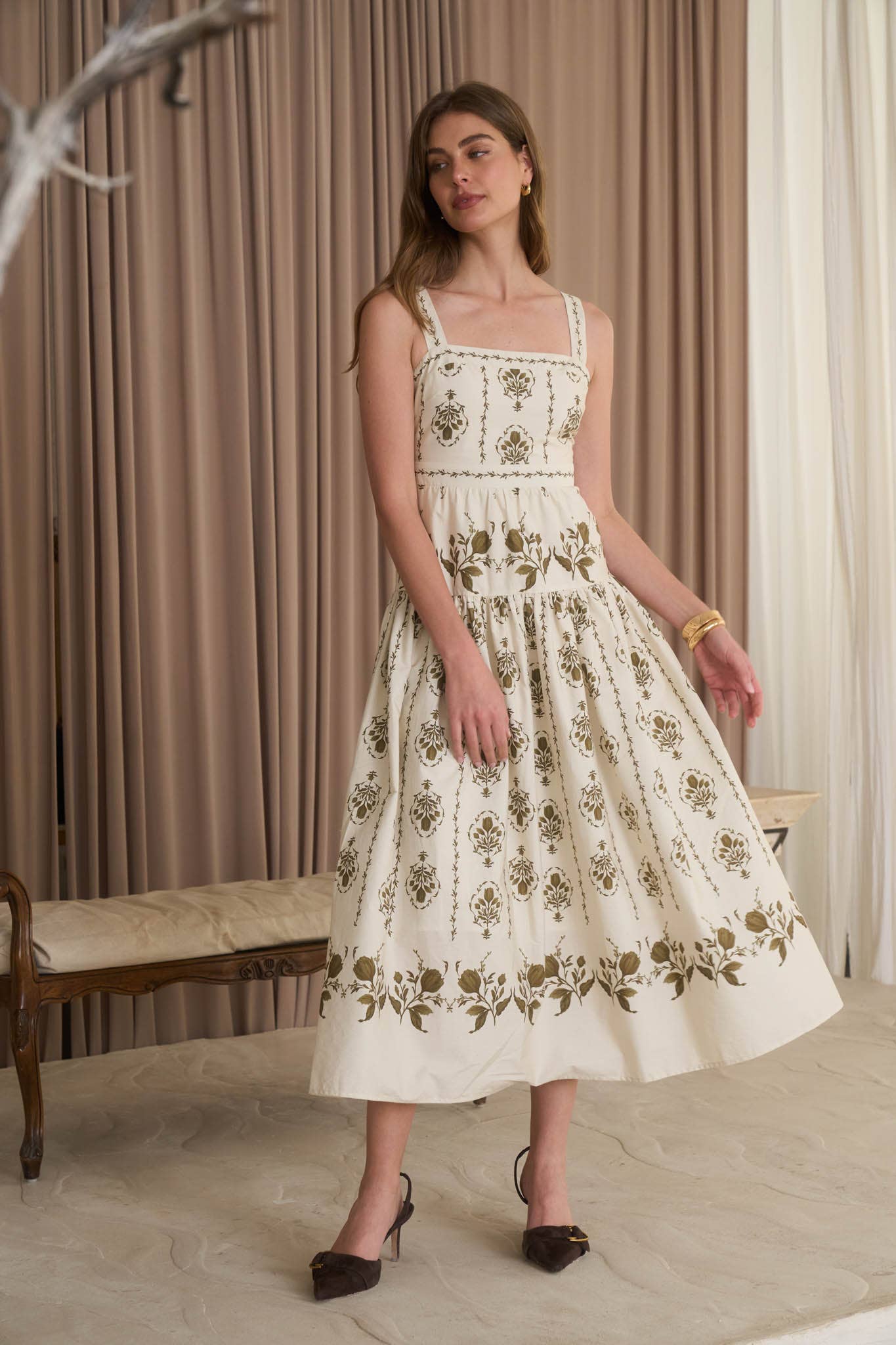 Botanical Print Sleeveless Drop Waist Midi Dress