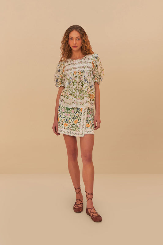 Folk Floral Off-White Scoop Neck Short Sleeve Blouse