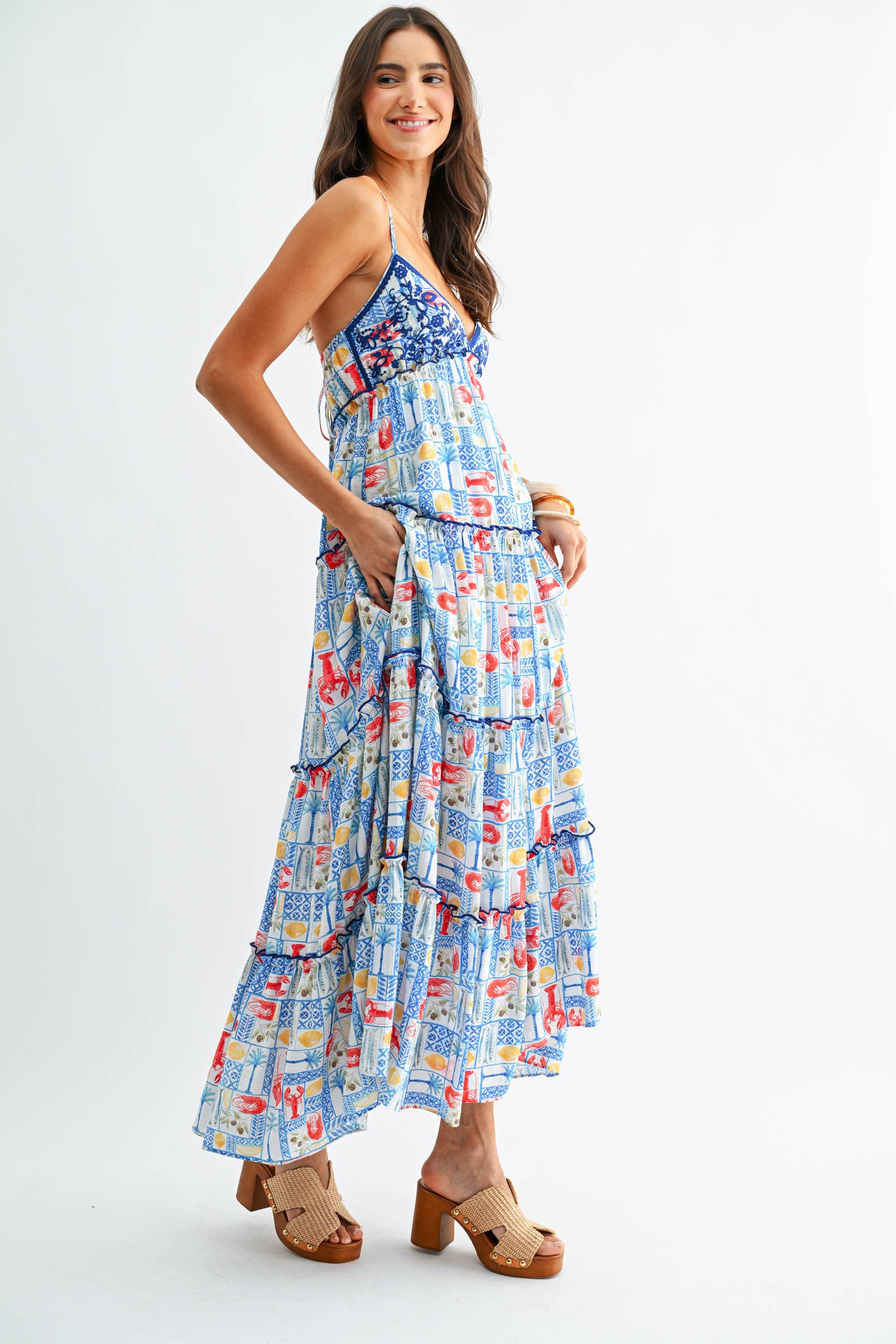 Tiered Maxi Dress with Mediterranean Tile Print