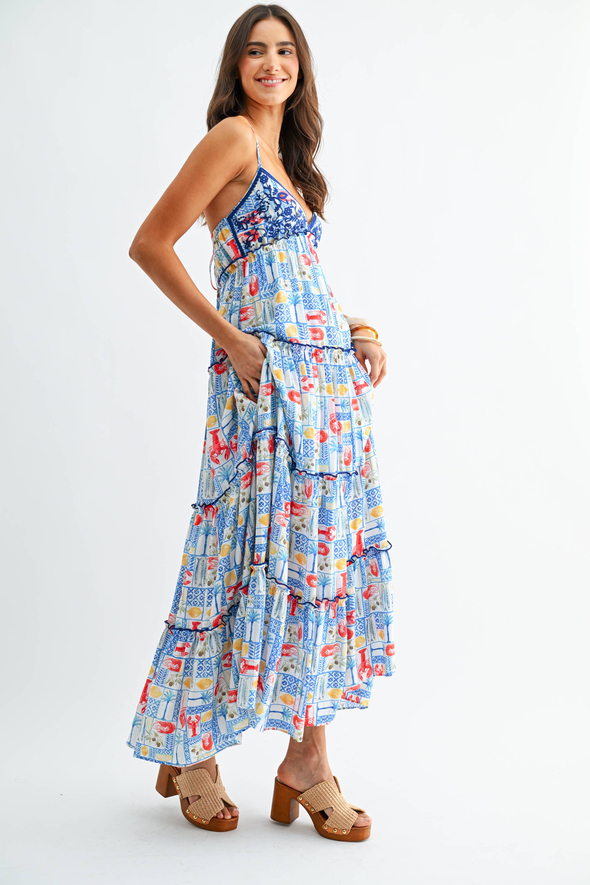 Tiered Maxi Dress with Mediterranean Tile Print