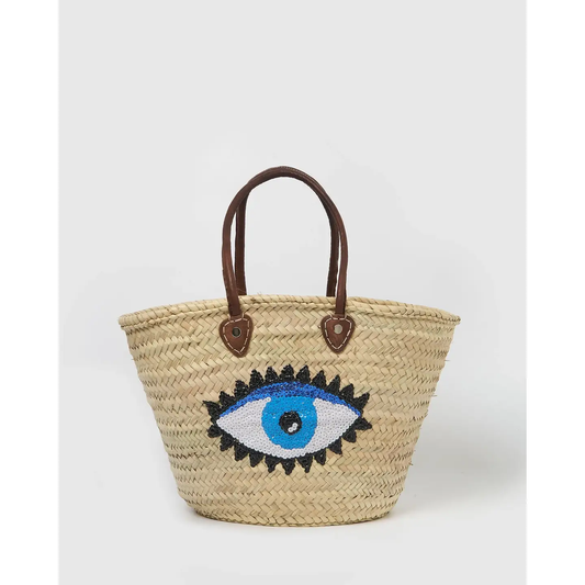 Moroccan Straw Bag with Leather Handles - Eye Design
