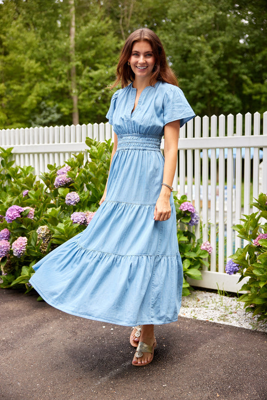 Sail to Sable Chambray Cinched Waist Midi Dress