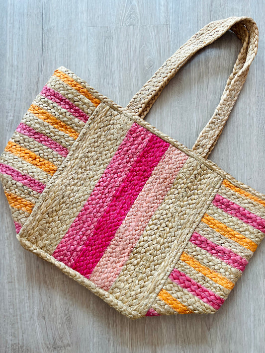 Orange and pink woven tote