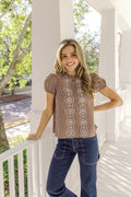 Brown & White Gingham Embroidered Puff Sleeve Top