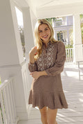 Brown & White Gingham Embroidered Ruffle Hem Shirt Dress