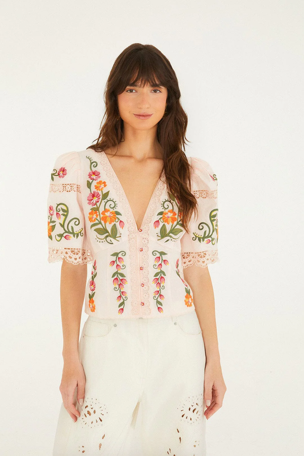 Off-White Flower Embroidery Puff Sleeve Blouse