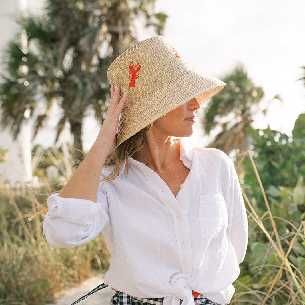Lobster Embroidered Straw Bucket Hat