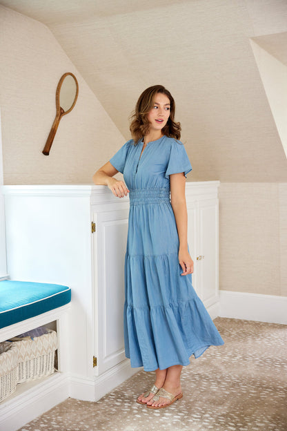 Sail to Sable Chambray Cinched Waist Midi Dress