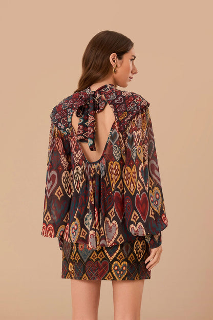 Farm Rio Black Hearts Ikat Blouse