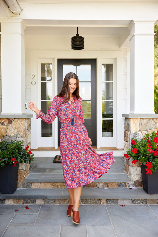 Sail to Sable Crimson Ikat Smocked Waist Midi Dress