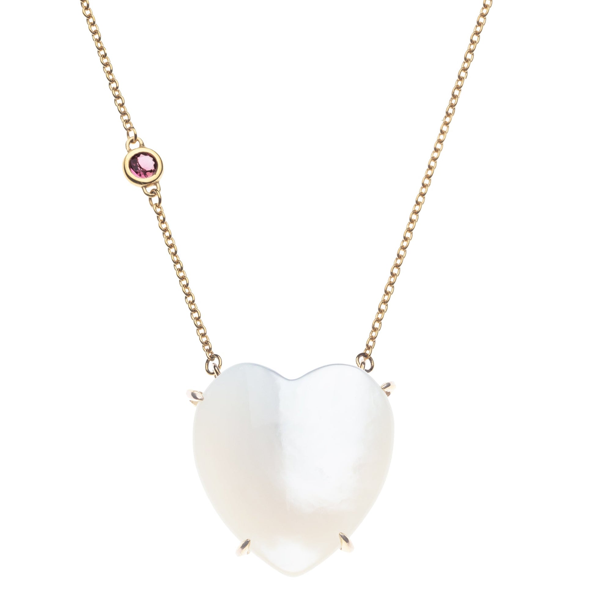 LOVE Carved Heart Necklace with Gold Setting in Mother of Pearl
