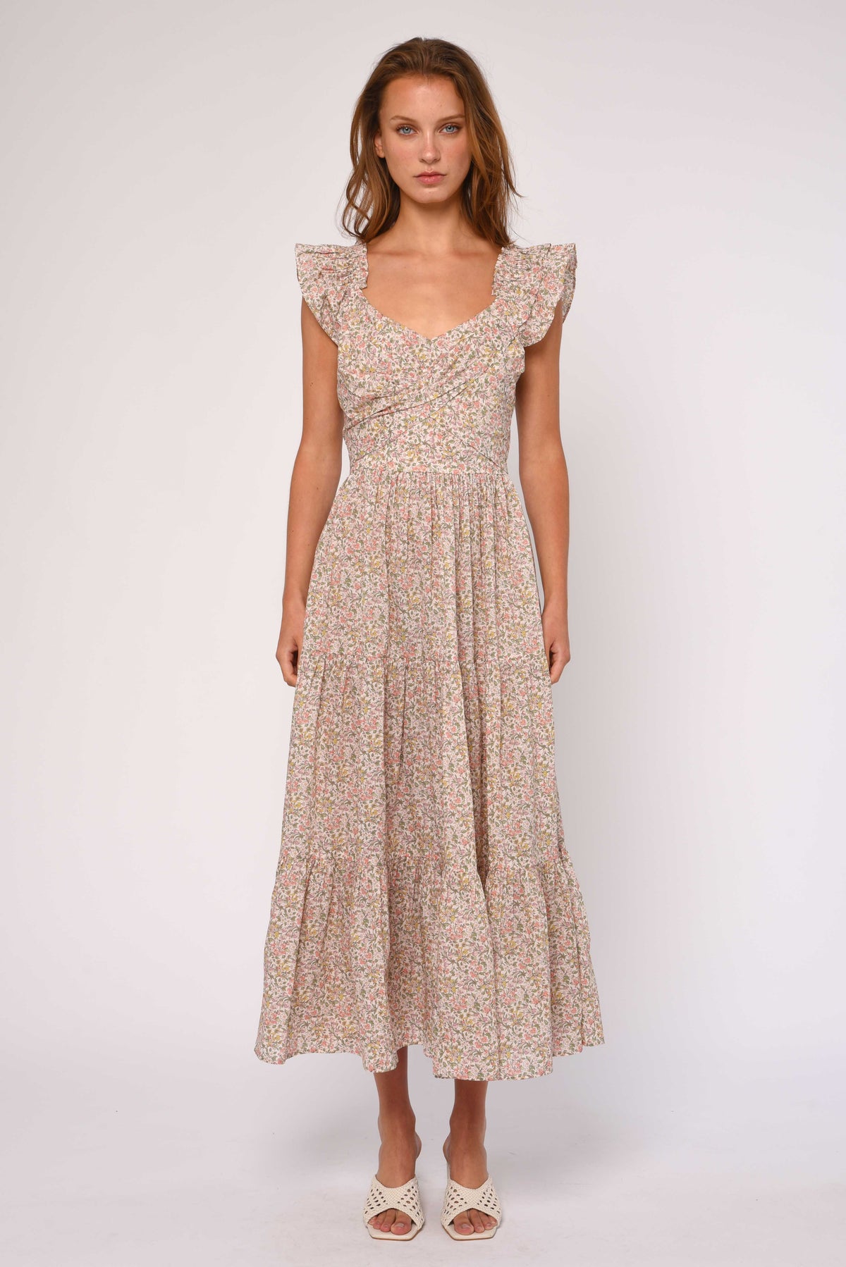 Ditsy Floral Flutter Strap Midi Dress