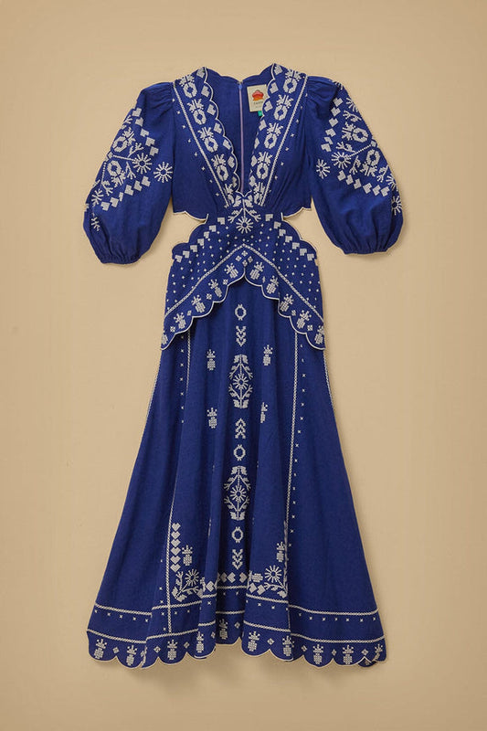 Farm Rio Navy Blue Embroidered Cut-Out Midi Dress