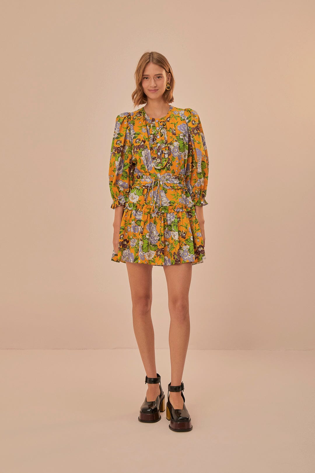 Farm Rio Yellow Capri Floral Short Sleeve Mini Dress  *final sale*