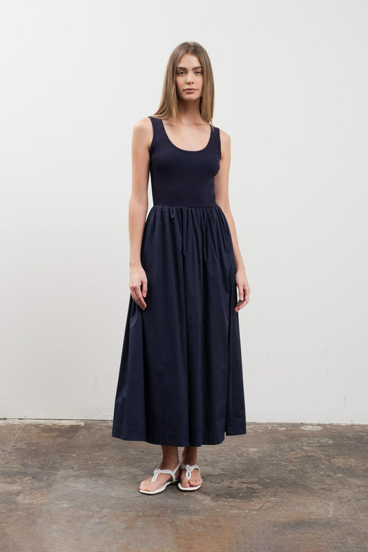 Mixed Media Midi Dress - Navy