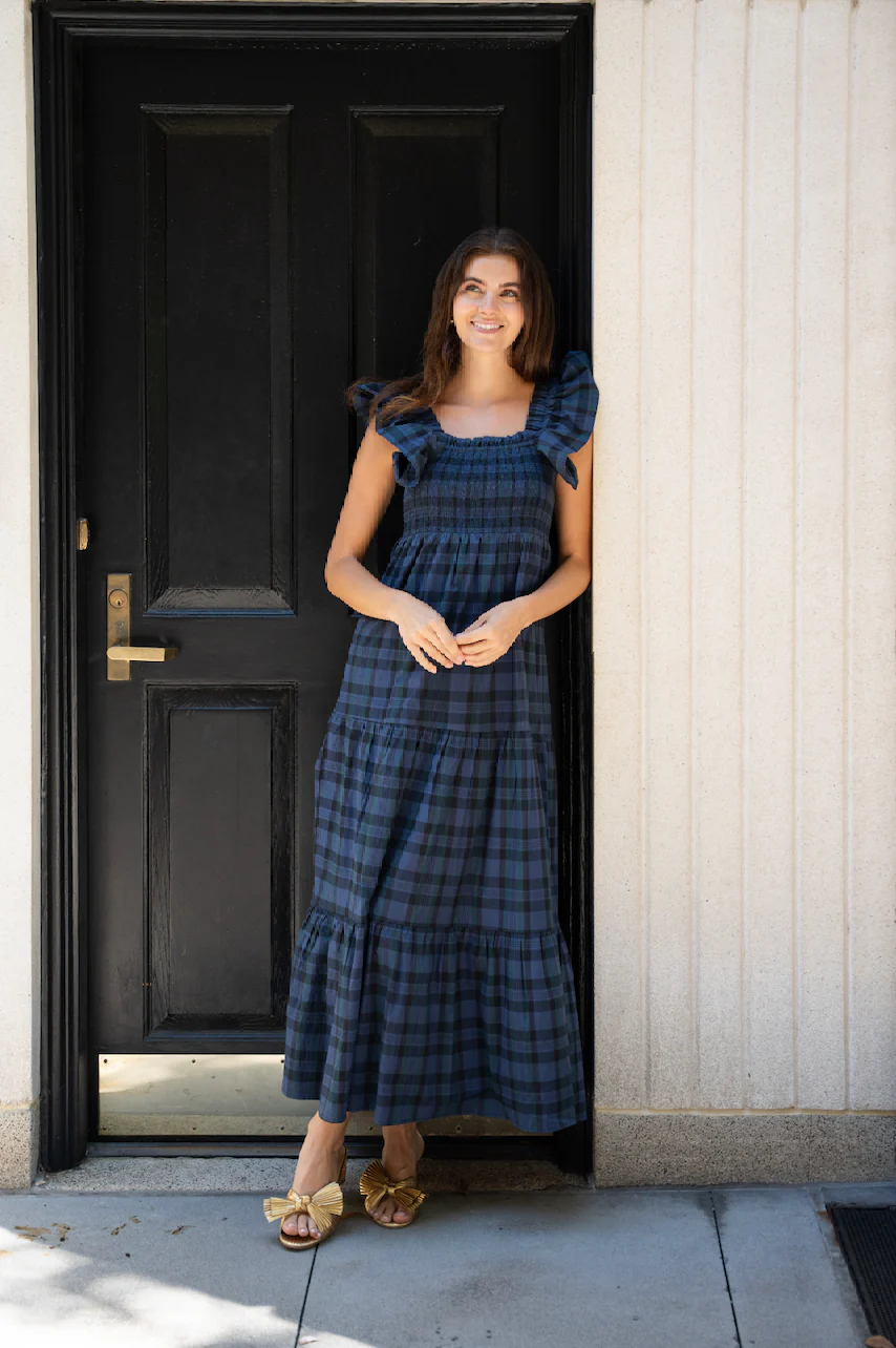 Blackwatch Tartan Flutter Strap Smocked Midi Dress