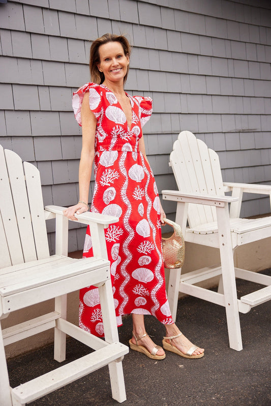 Sea Stripe V-Neck Flutter Sleeve Maxi Dress SP25324