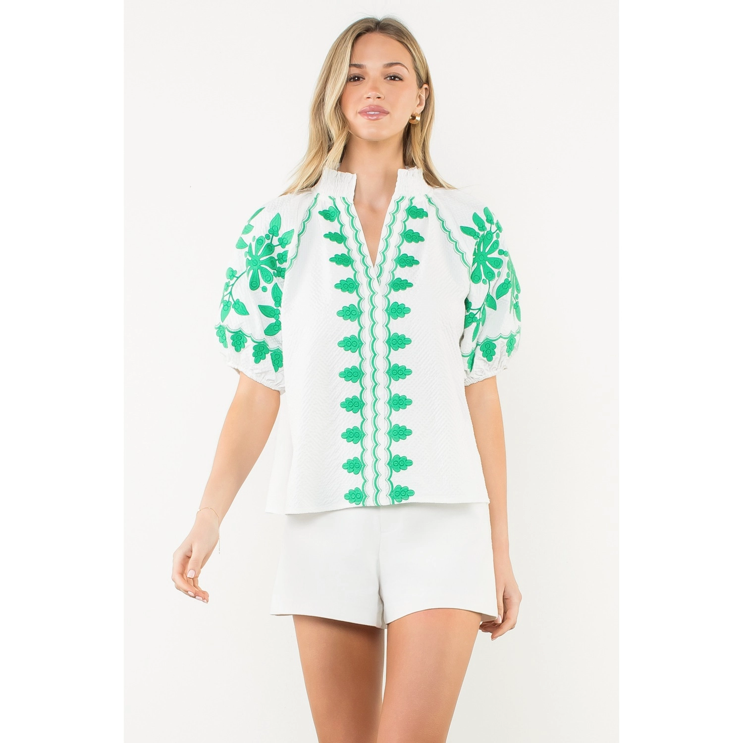 Embroidered Smocked Neck Puff Top