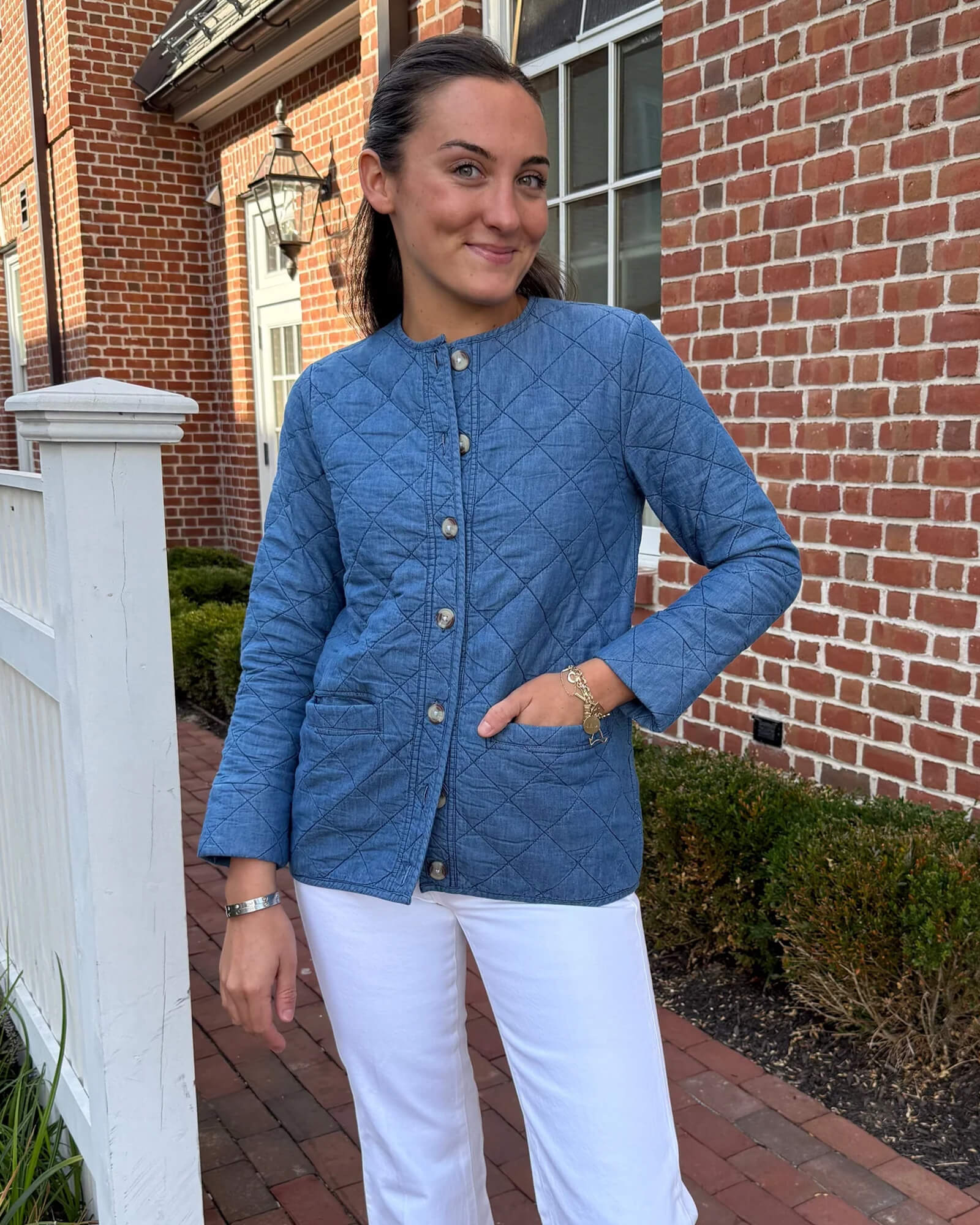 Chambray Quilted Button Front Jacket - F2506