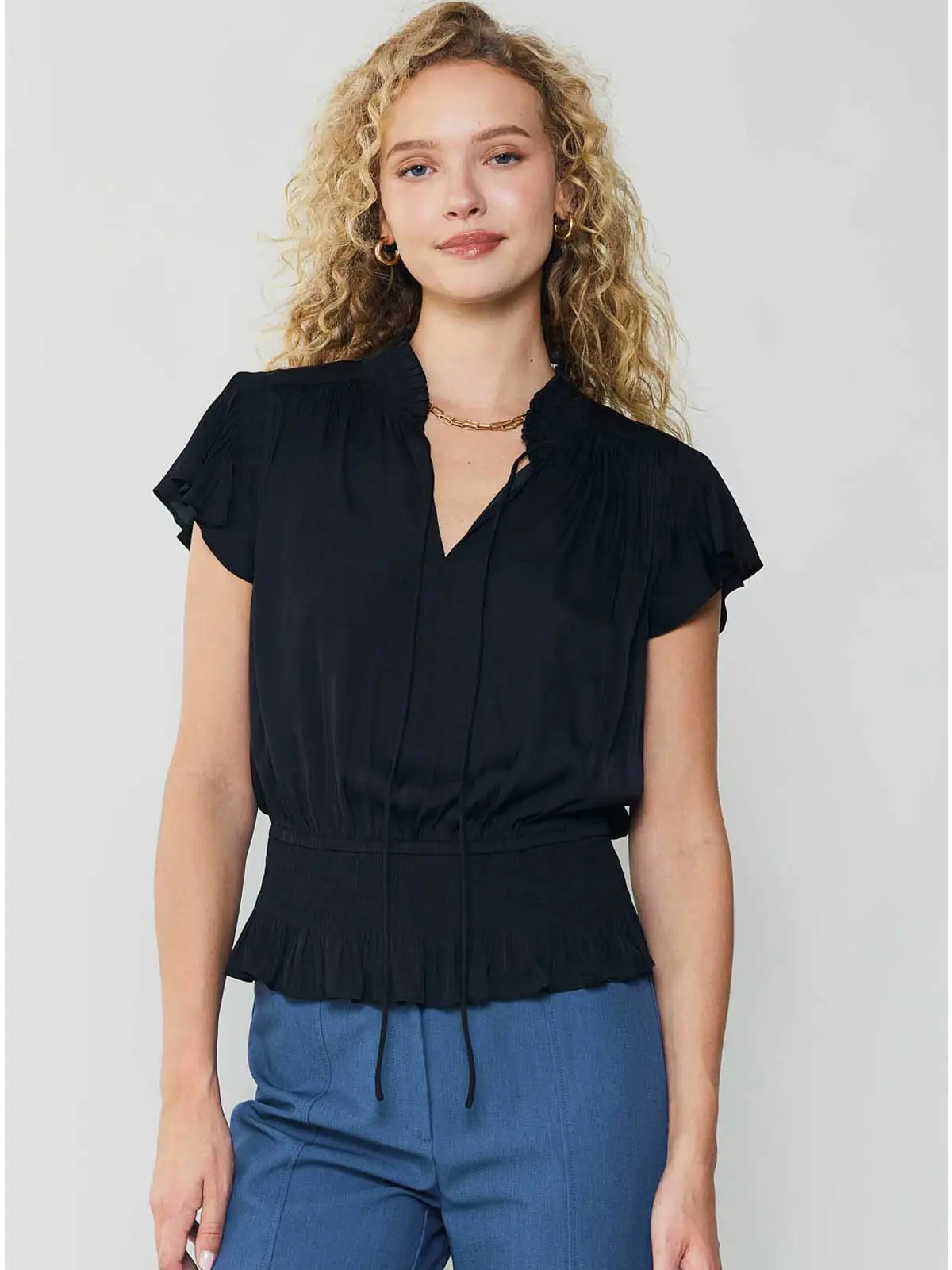 Smocking Waist Flutter Sleeve Blouse