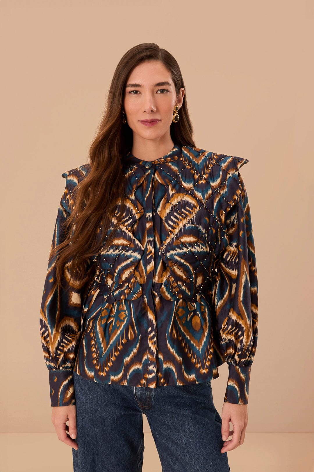 Farm Rio Blue Pineapple Ikat Long Sleeve Matelasse Blouse