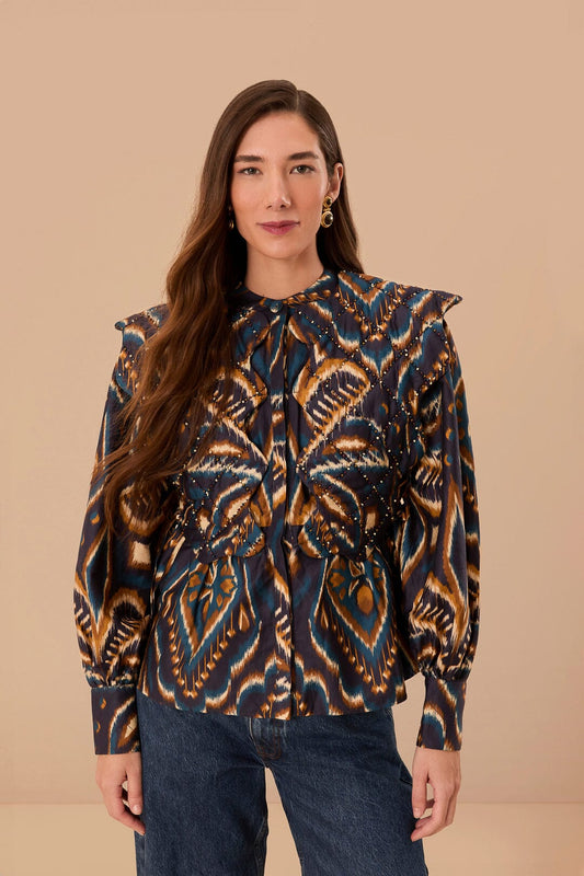 Farm Rio Blue Pineapple Ikat Long Sleeve Matelasse Blouse