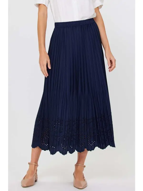 Pleated Eyelet Midi Skirt