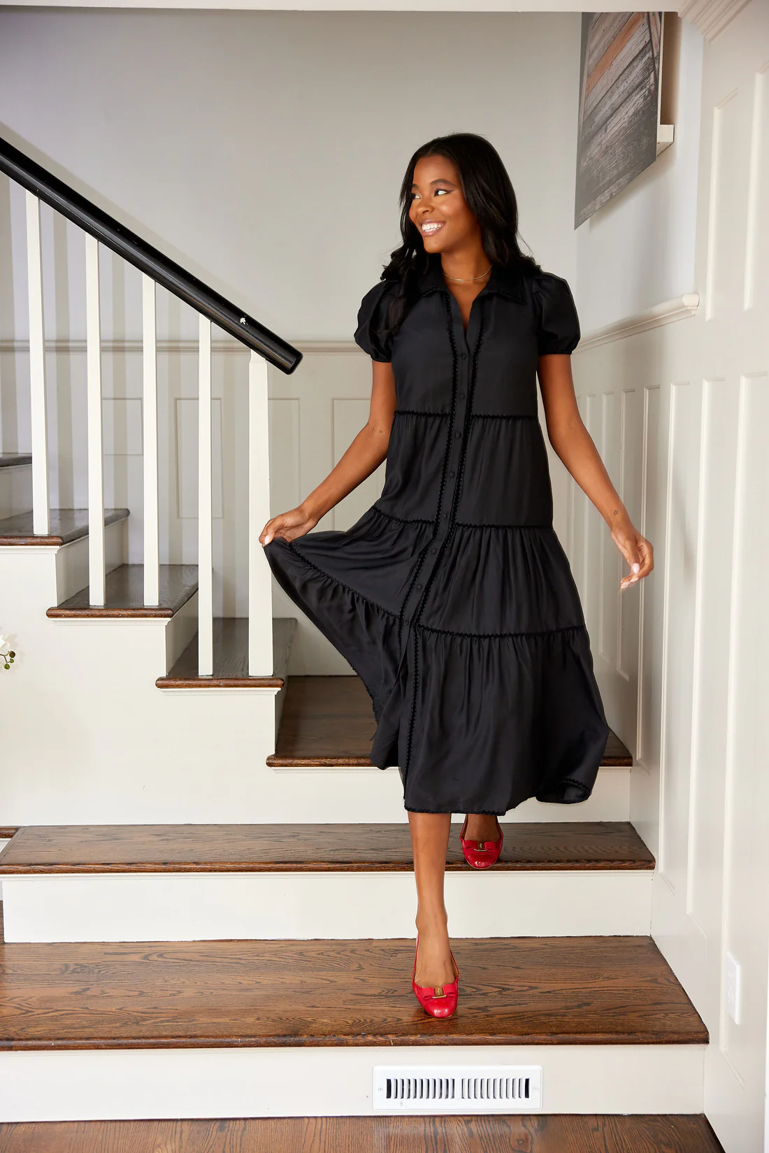 Sail to Sable Black Puff Sleeve Midi Shirt Dress