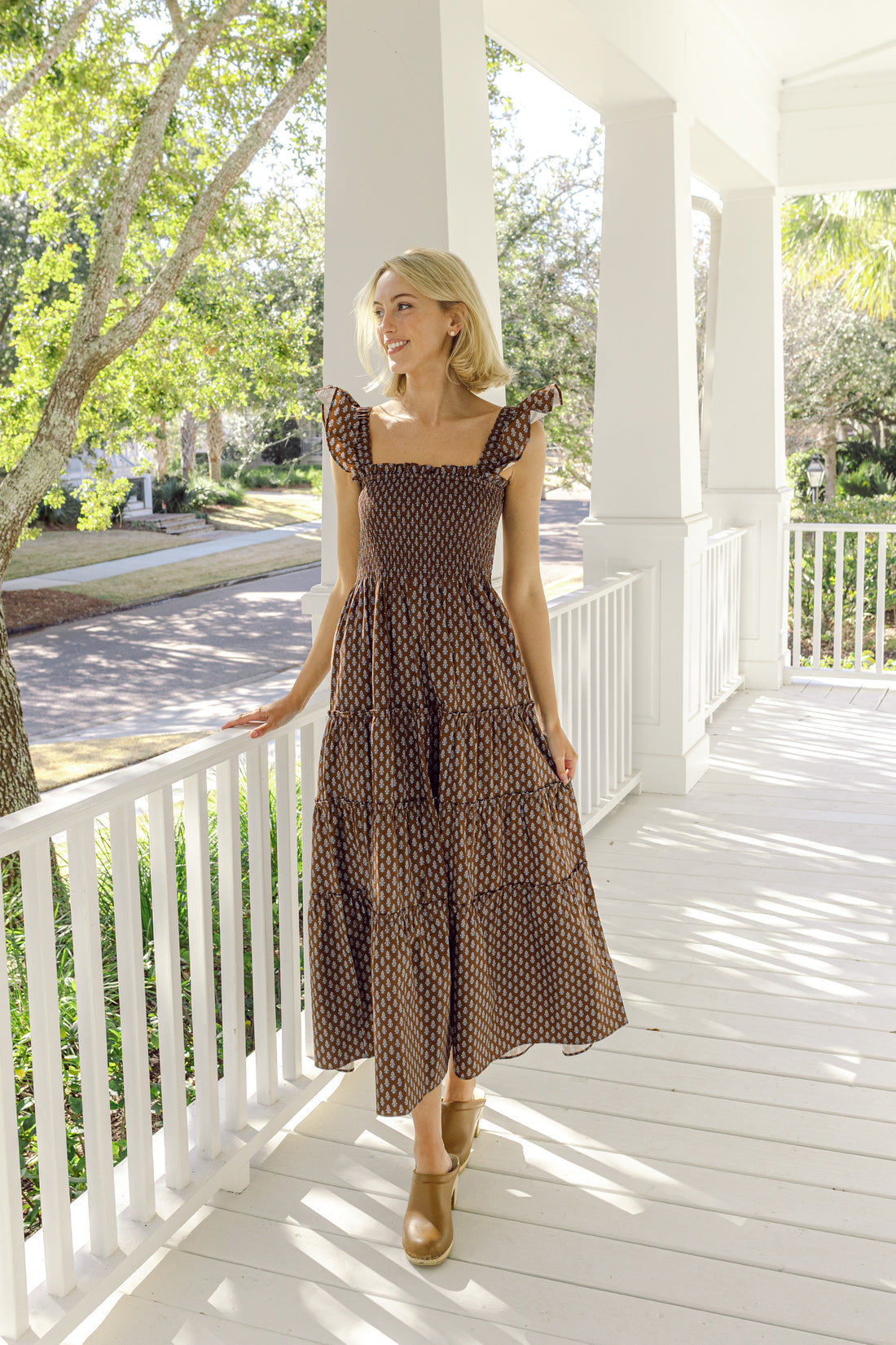 Block Print Smocked Flutter Strap Midi